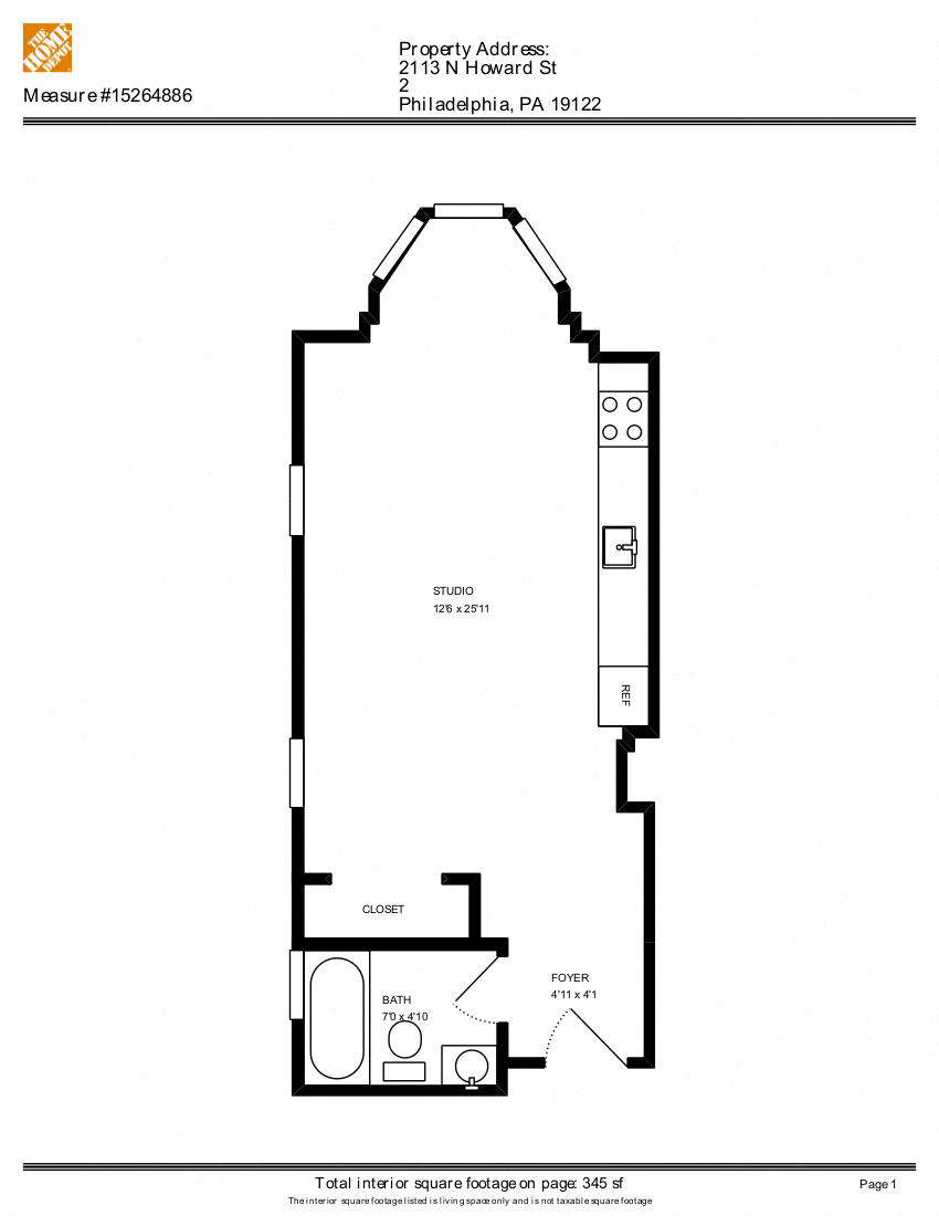 Floor plan for studio, 1 bath